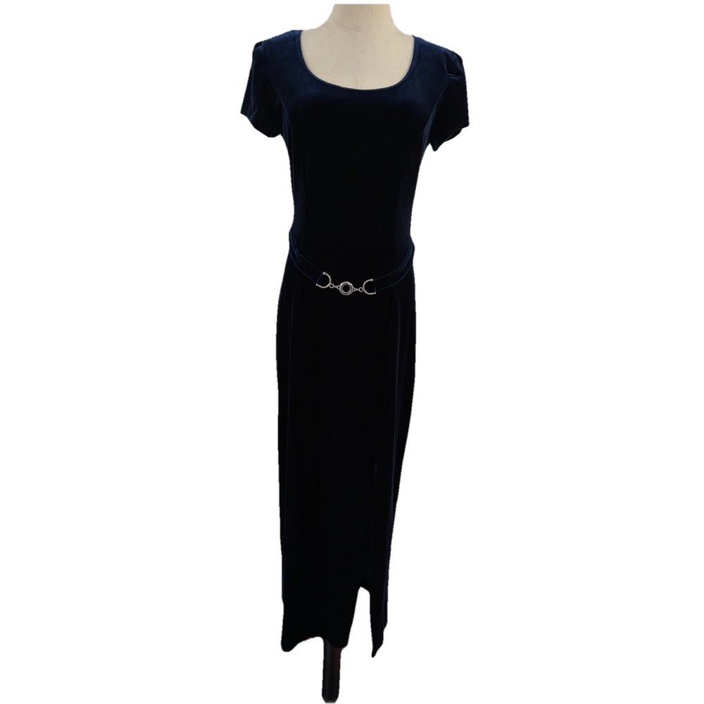Vtg 90s Blue Velvet Maxi Sz 5/6 Belt Detail Grunge Party